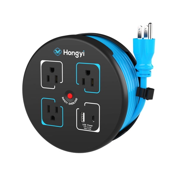 Hongyi 15ft Extension Cord Reel with USB C Ports, 3 Outlets,for Indoor, Wall Mounted, ETL Listed, Blue