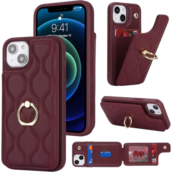 for iPhone 13 Mini Case with Card Holder,Credit Card Holder,Stand Ring Kickstand and RFID Blocking,PU Leather Shockproof Phone Wallet Cover for Women and Girls(5.4'',Wine Red)