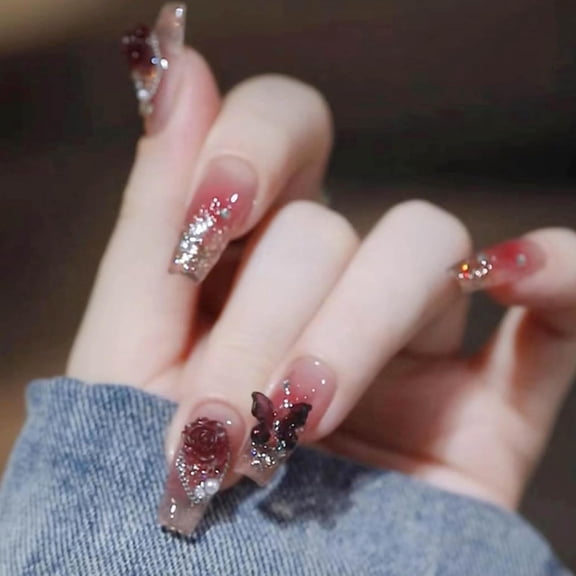 Bling Coffin Press on Nails Fake Nails Tips Full Cover Medium False Gradient Nails