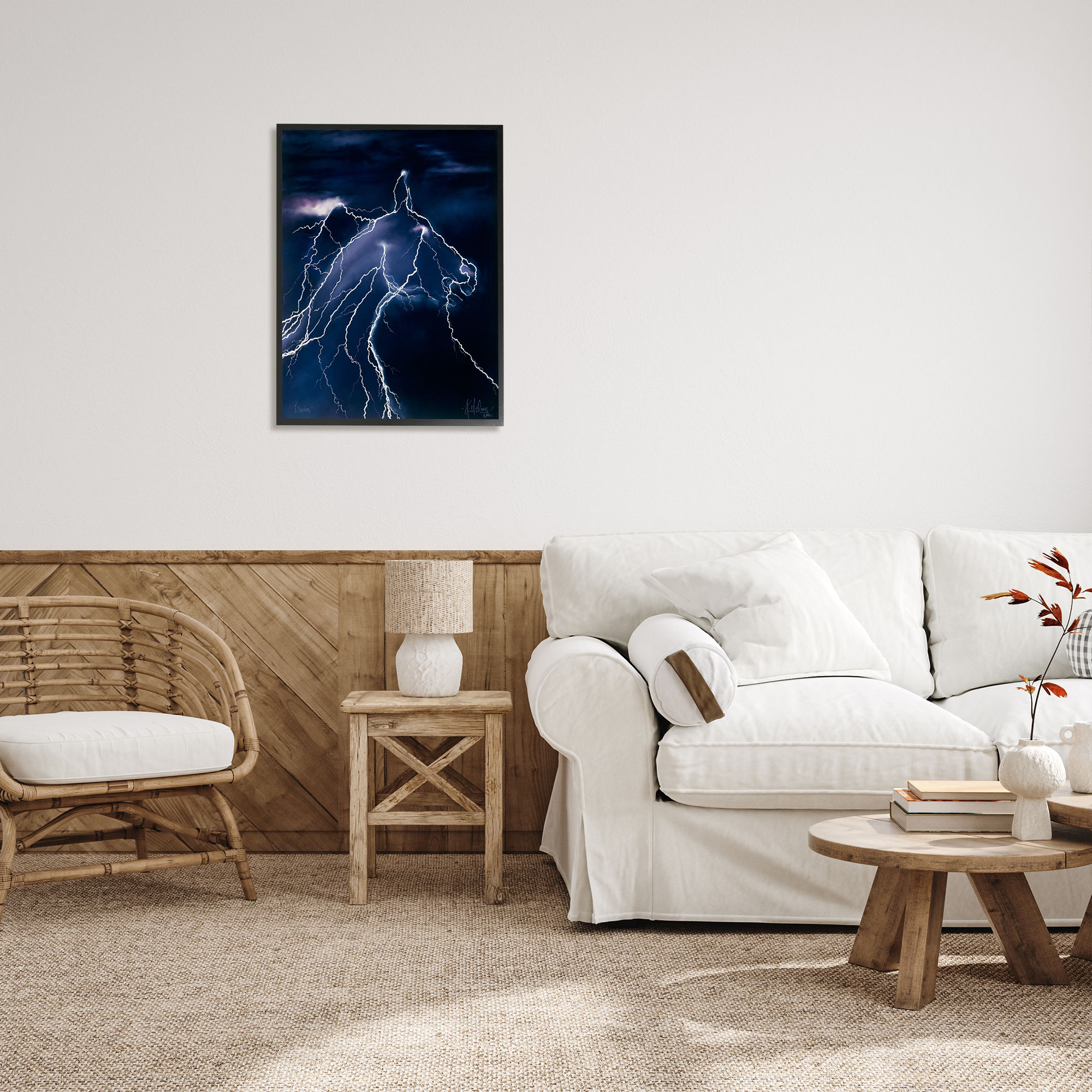 Stupell Industries Horse Face in Lighting Storm Nature Painting Black Framed Art Print Wall Art, 24 x 30