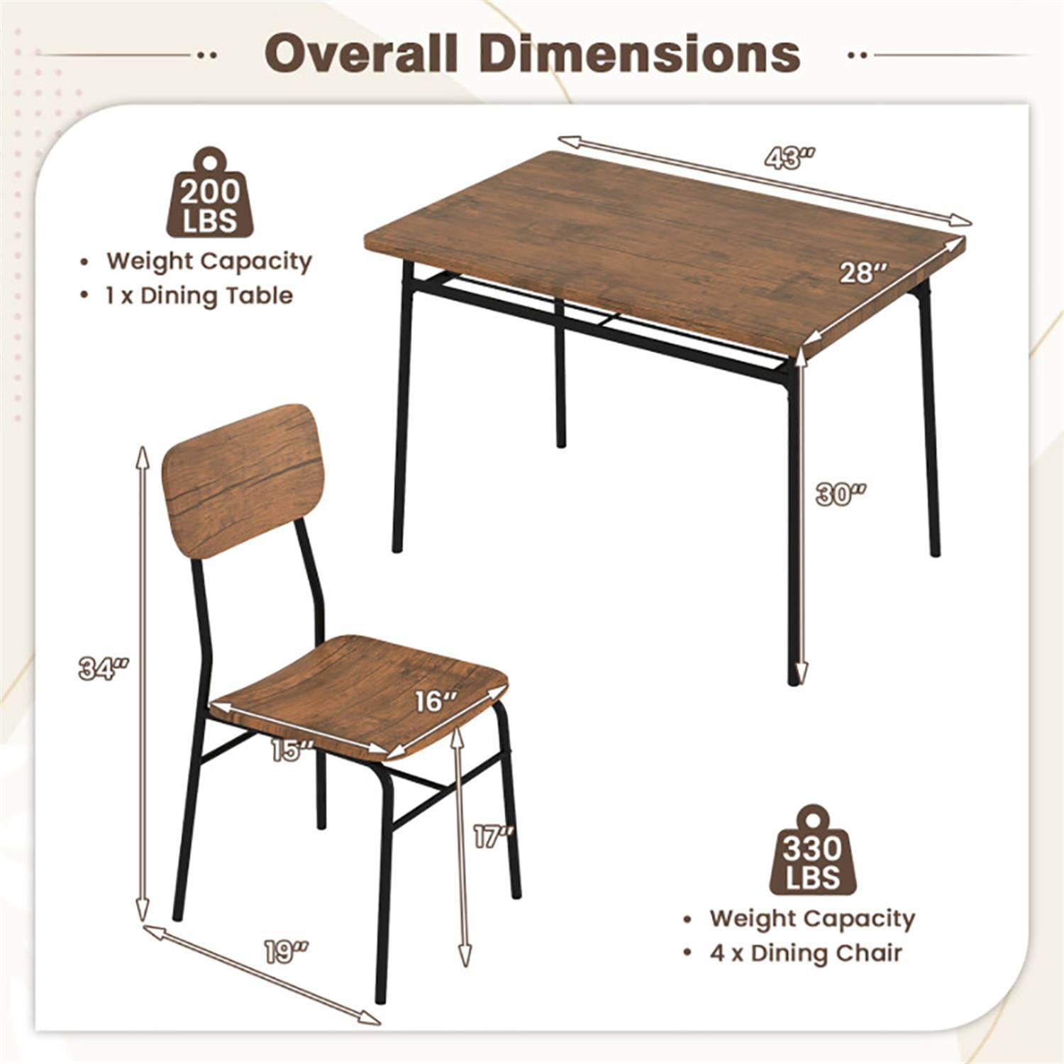 Demi Bonn 5-Piece Dining Table Set with 4 Chairs, 43" Kitchen Table with Metal Frame and Storage Rack, Perfect for Small Space, Brown