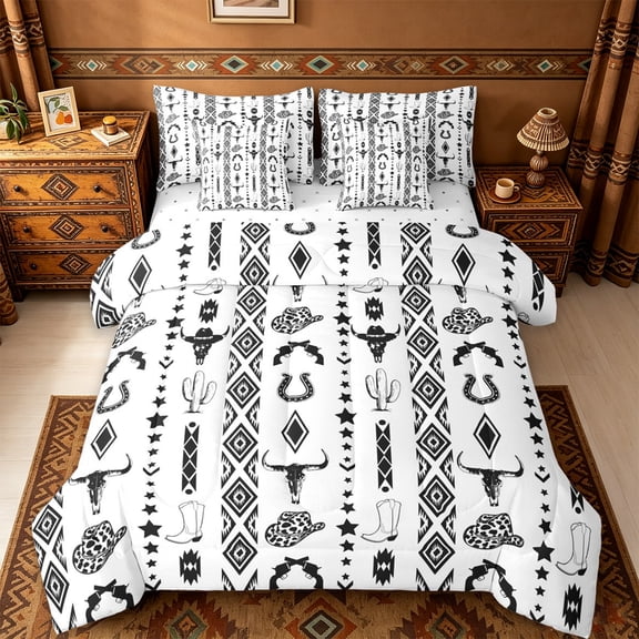 jejeloiu Rustic Bull Skull 7-Piece Twin Bedding Sets Kids,Retro Cow Print Cowboy Hat Bedding Comforter Set For Men,Reversible