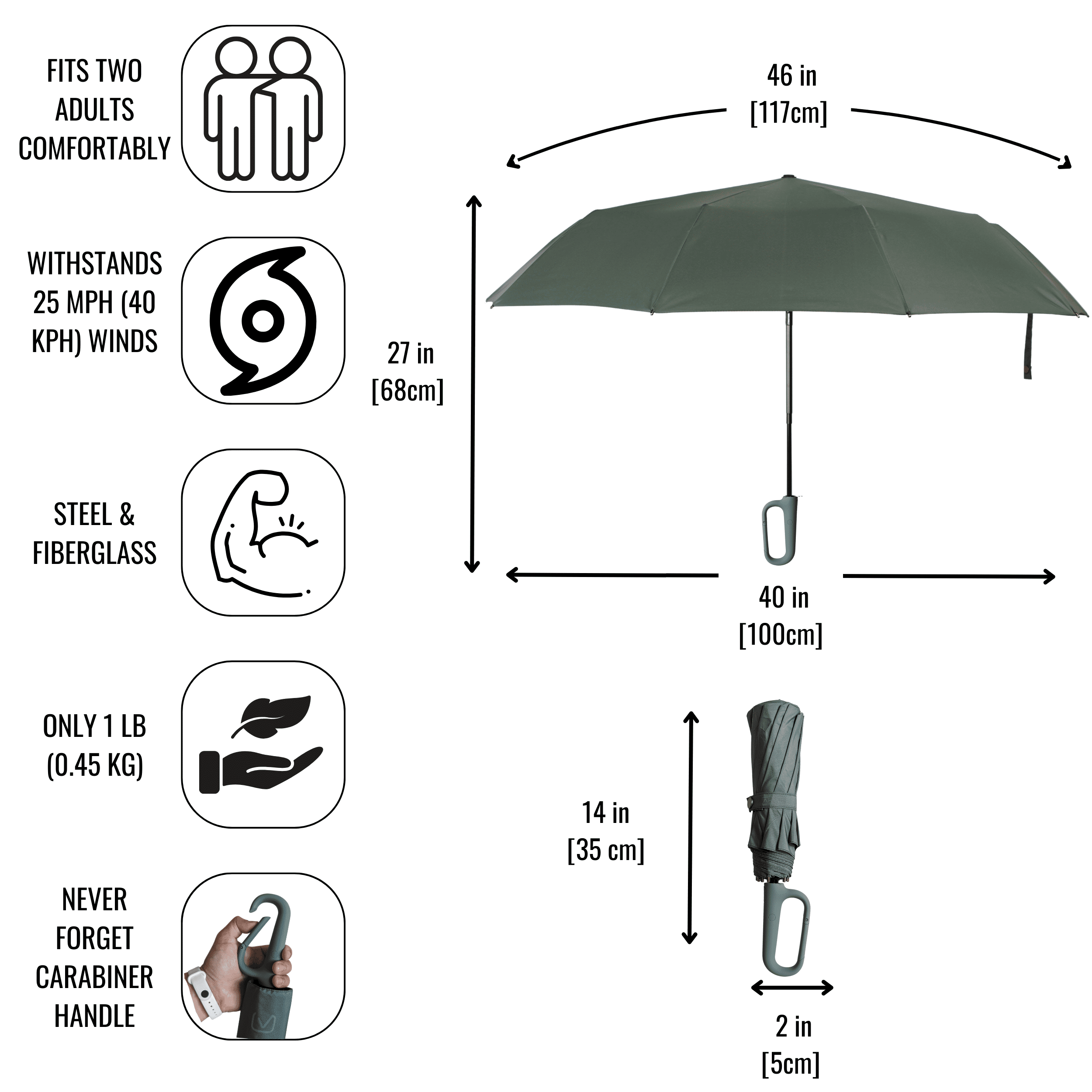 URBN ELEMNTS Compact Travel Umbrella, Ergonomic Handle, Auto Open Close, Solid, Green, 1 Count