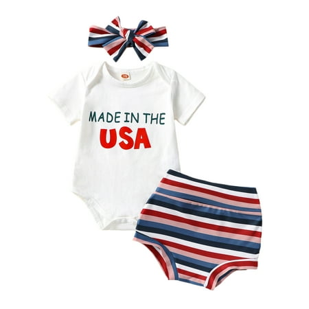 

3Pcs Baby Girl 4th of July Outfit Summer Outfit USA Short Sleeve Romper and Stars Stripes Shorts Headband