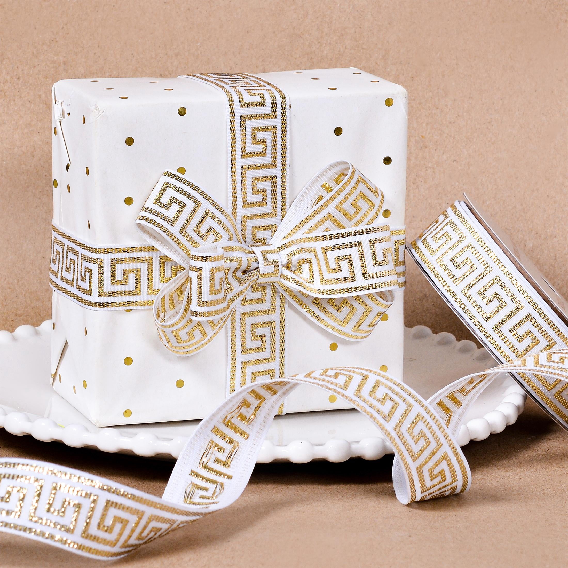 Gwen Studios 7/8" White and Gold Jacquard Ribbon, 3 Yards