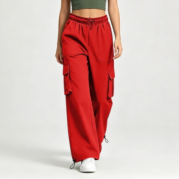 Costeam Womens Solid Color Straight Leg Cargo Trousers Multi Functional Side Pockets Elastic Drawstring Waist Wear Resistant Fabric Loose Casual Daily Bottom Pants