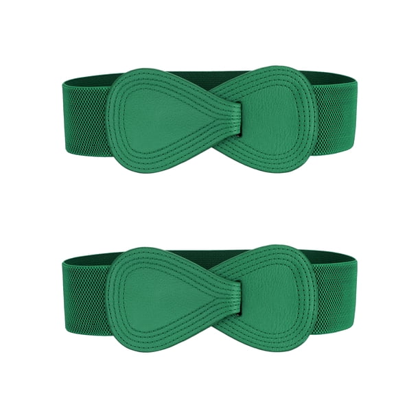 Cinturón elástico de cuero sintético con hebilla en forma de 8 de 2 piezas Inspire Chic para dama 27x2.36" (LxW) Verde
