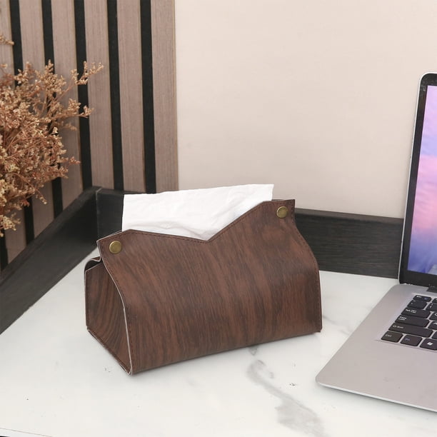 Funda rectangular de piel sintética para caja de pañuelos | Diseño con vetas de madera | Porta pañuelos decorativo para baño, hogar, oficina, coche | Negro o amarillo | 20 x 12 x 12 cm