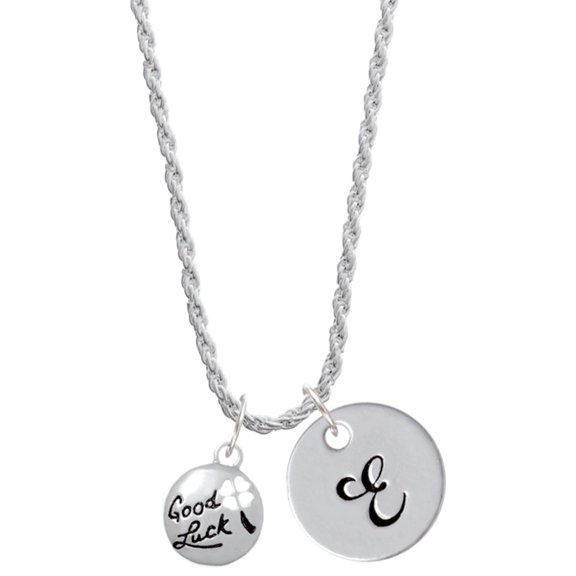 Delight Jewelry Silvertone Good Luck Disc with Cutout Four Leaf Clover Silvertone Script Initial Disc - E - Charm Necklace, 20"+3"
