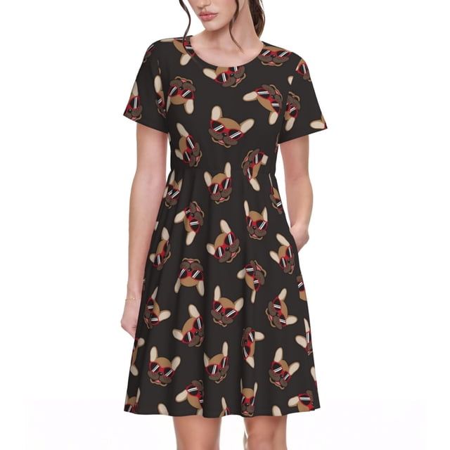 Bixox Robe d'Été à Manches Courtes pour Femmes Robe Ample Longueur Genou avec Poches-Bulldog avec Lunettes de Soleil