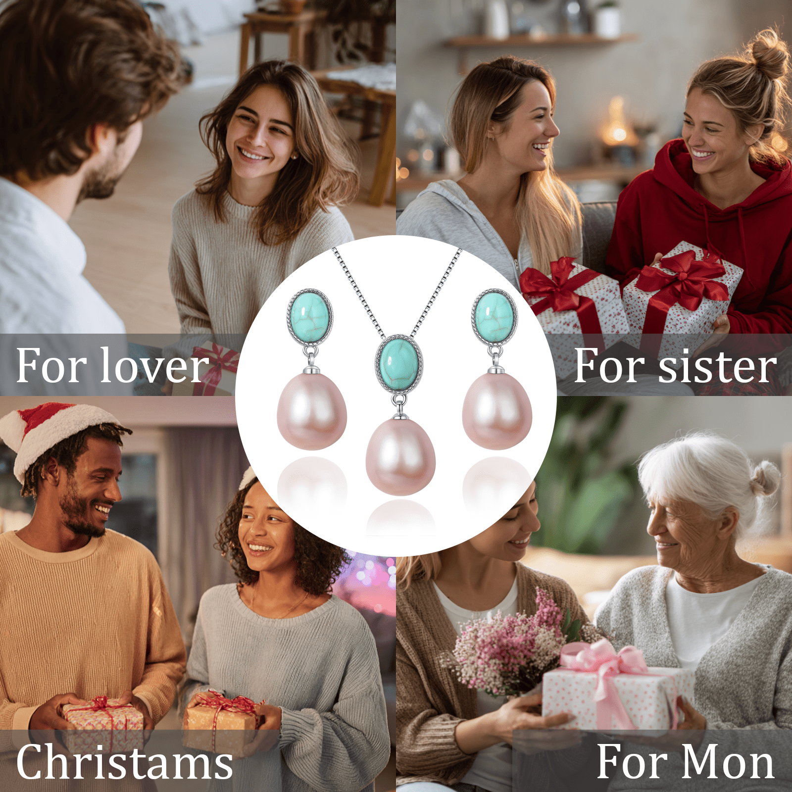 BAMIKI 9-10mm Purple Pearl Necklace and 8-9mm Earrings Set 925 Sterling Silver Valentine's Day Jewelry Gift for Women
