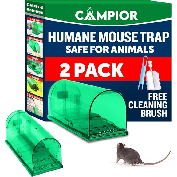 Campior Humane No-Kill Mouse Trap, Large, Indoor, Child & Pet Safe, Easy to Clean, 2-Pack, Green