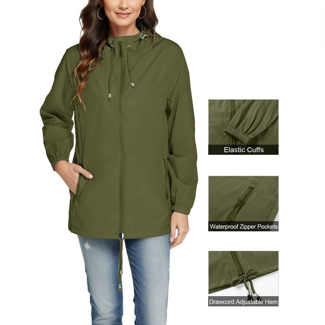 LSLJS Women Solid Color Rain Jacket Outdoor Hooded Windproof Loose with Pocket Coat( Army Green, XL)