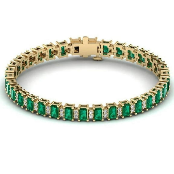 925 Sterling Silver Emerald Bracelet, Yellow Gold Emerald Tennis Bracelet, Genuine Emerald Ovals and Diamond Bracelet, May Birthstone Gift