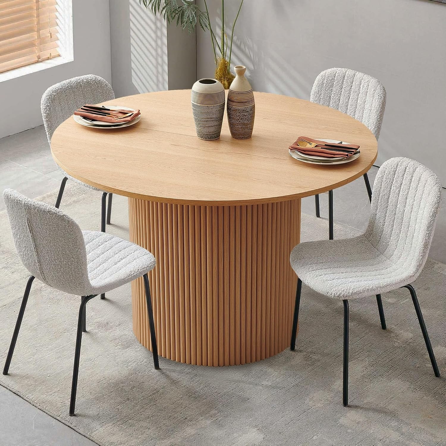 NORDICANA 47 Oak Round Dining Table Set for 4 with White Boucle Chairs Mid Century Modern Wooden Kitchen Table & Chairs Set Space-Saving Breakfast Dinette Set