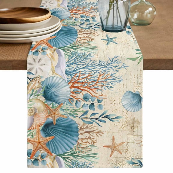 Teal Blue Coastal Table Runner 72 Inches, Summer Beach Starfish Shell Coral Nautical Retro Bed Runner Dresser Scarves Tabletop for Indoor Outdoor Parties/Ceremony/Banquet, 14" x 72"