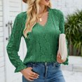 thumbnail image 3 of Blusa de fibra de poliéster de manga larga con costuras huecas de invierno, talla L, blusa de encaje verde con escote en V, 3 of 5
