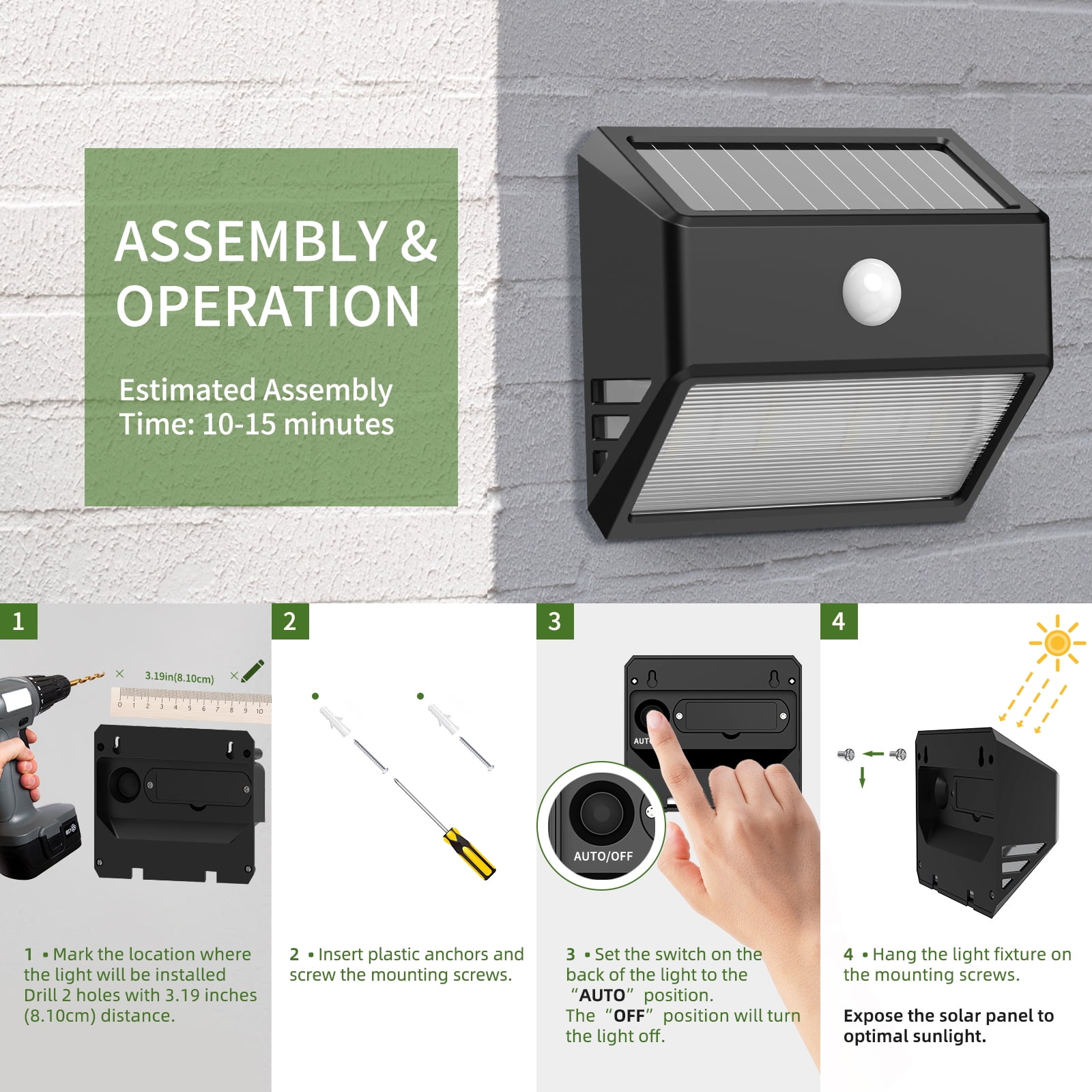 Mainstays LED Solar Powered Motion Outdoor Security Wall Light, Motion Activated, 200 Lumens