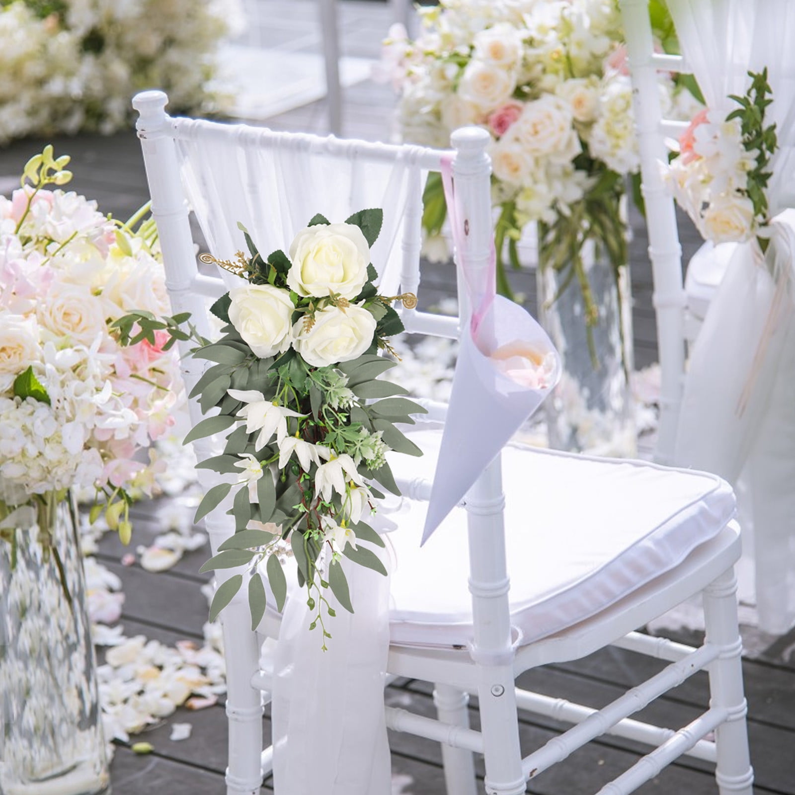 Specollect Clearance 3Pcs Wedding Aisle Decorations Pew Flowers for Wedding Ceremony Party Chair Decor with Artificial Flowers Eucalyptus and Ribbons