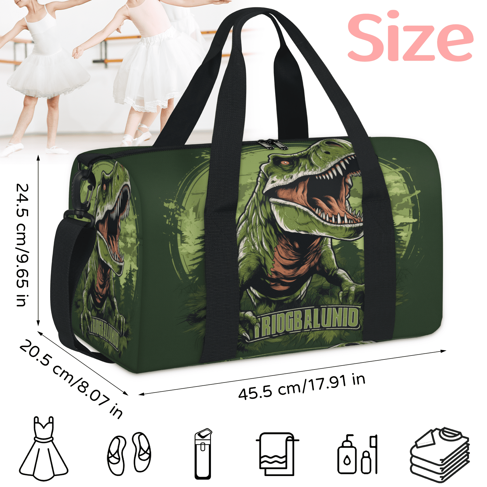 Herdesigns Dinosaur Travel Duffle Bag Sports Yoga Weekender Overnight Carry on Workout Bags Lightweight Waterproof Gym Tote Bag for Women