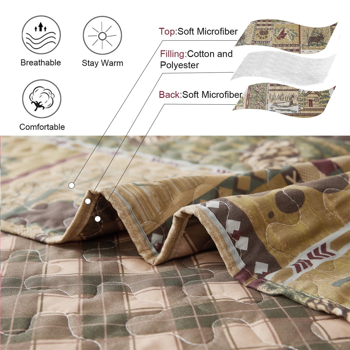Beartech Quilt Set Twin Size Rustic Bedding Lodge Cabin Quilt Forest Bear Bedspread Coverlet Lightweight Reversible Microfiber Quilt