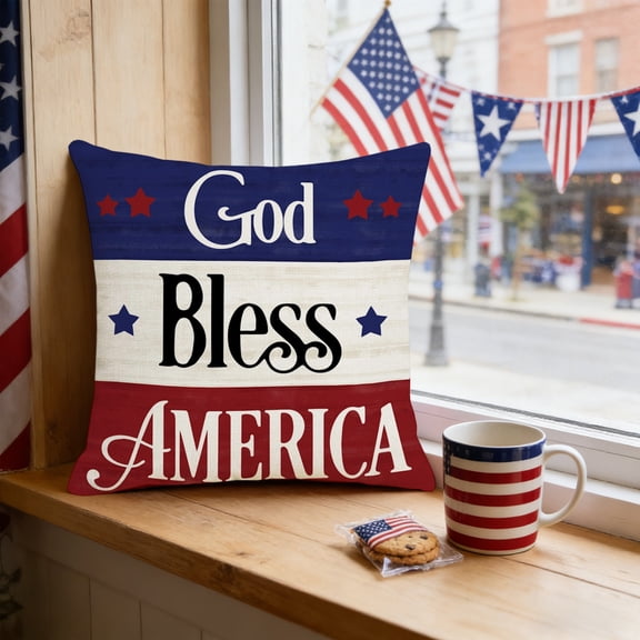 romoty 4th of July Independence Day Pillow Covers 18"x18", Patriotic God Bless America Throw Pillow Case, Square Decorative Cushion Cover for Home Sofa Couch Farmhouse Decor