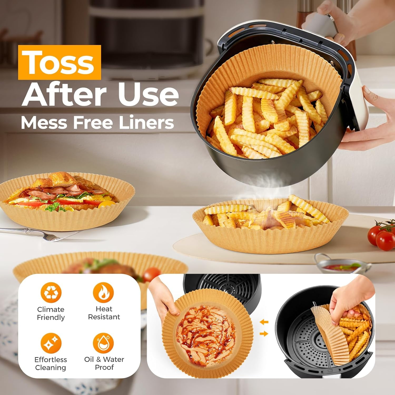 JJEAN-Air Fryer Paper Liners Disposable: 8 Inch Max Xl Large Cooker Air Fryer Disposable Paper Liners, 100Pcs Oil Proof Parchment Sheets Round Basket Bowl Liner for Baking Cooking Food from