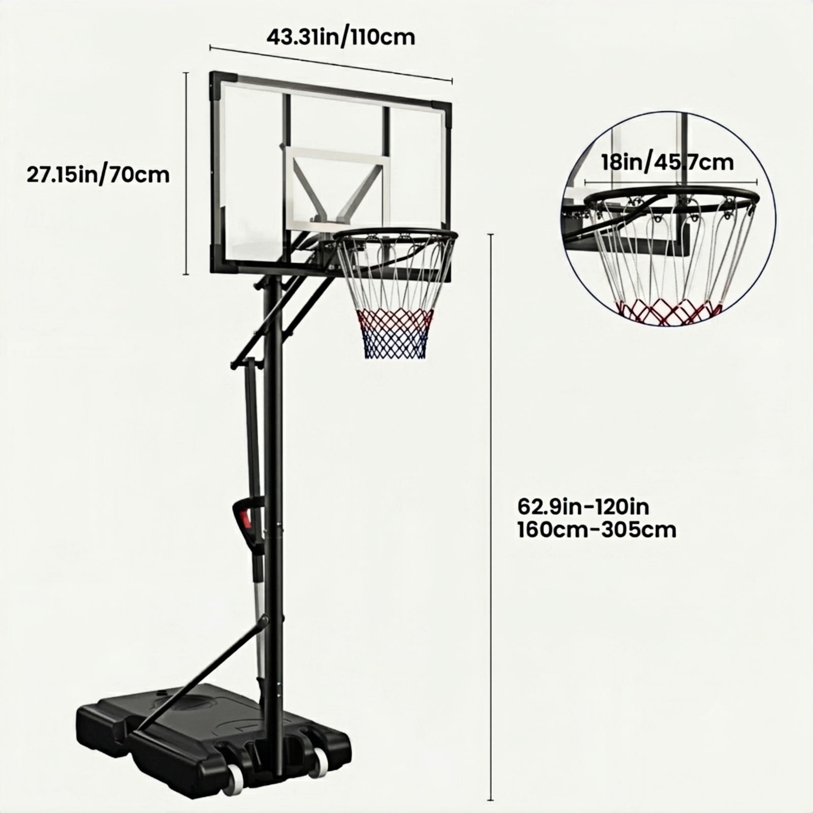 Bexfil 44inch Portable Adjustable Basketball Hoop with Weight Bag and Wheels, Outdoor Stand System for Kids & Adults, Height Adjustment from 5.3ft to 10ft