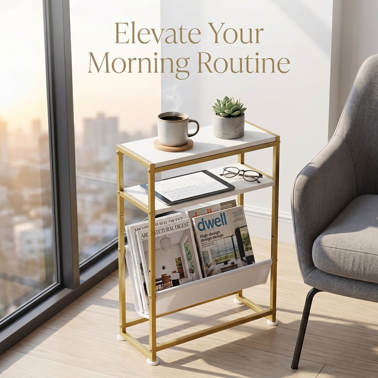 ZEXVIDA Narrow End Table with Magazine Holder, Gold photo 8