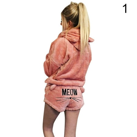 

TOPOINT Women Plush Pajamas Set Thick Hoodie Long Tops+Embroidery Shorts Sleepwear Homewear New