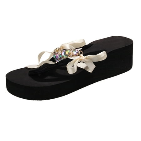 

Krdevn Fashiona Summer Women Slippers Thick Soles Wedge Heels Flip Flops Rhinestone Ribbon Bow Lightweight Casual Beach Style Beige 9