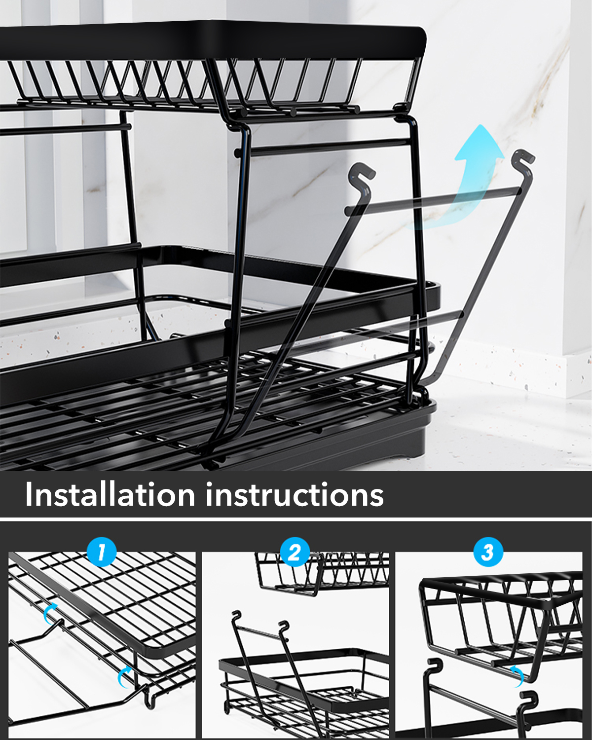 BN-LINK Dish Drying Rack, 2-Tier Dish Racks for Kitchen Counter, Dish Rack with Drainboard, Dish Drainer with Utensils Holder, for Dishes, Bowls, Cups, Knives, Forks, Black