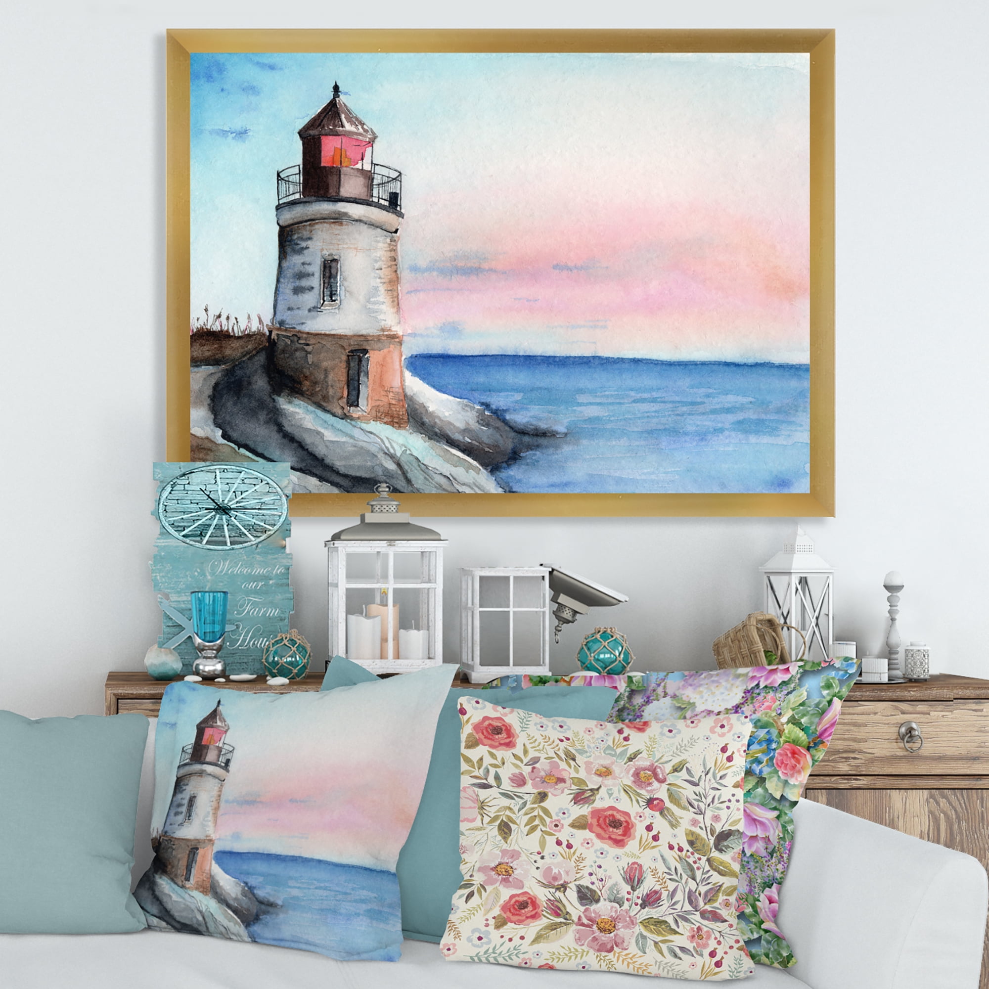 Designart 'A Lighthouse On A Rock Shore At Dawn' Nautical & Coastal Framed Art Print
