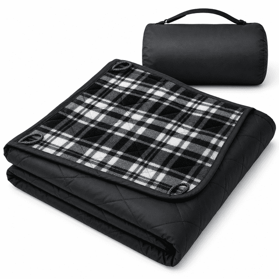 Large Black Check Outdoor Blanket 80" x 58" For Camping, Picnics, Stadium Events
