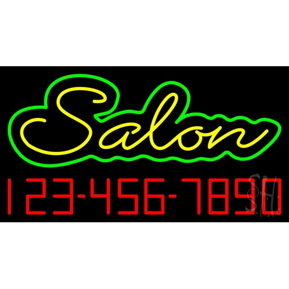 Yellow Salon with Phone Number LED Neon Sign 20 x 37 - inches, Black Square Cut Acrylic Backing, with Dimmer - Bright and Premium built indoor LED Neon Sign for Defence Force.