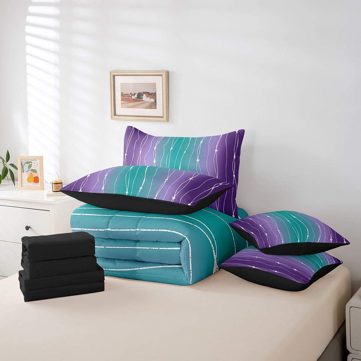 Teal and Purple Gradient Bed in a Bag 7pcs Watercolor Ombre Bedding Set,  Abstract Aesthetic Twin Size Comforter Set Wave Line and Dots Bedding  Comforter Sets, Geometry Bed Set Bedroom Decor -, image size:1200x1200