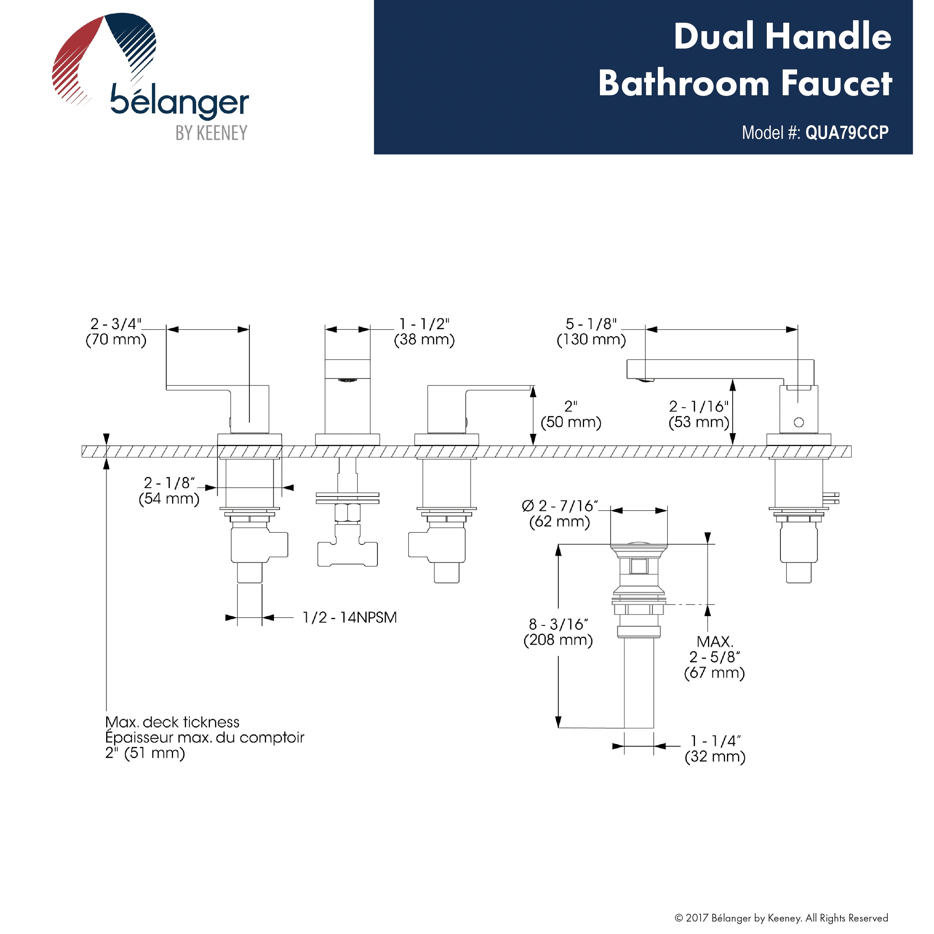 Belanger Dual Handle Wideset Bathroom Faucet with Drain, Polished Chrome
