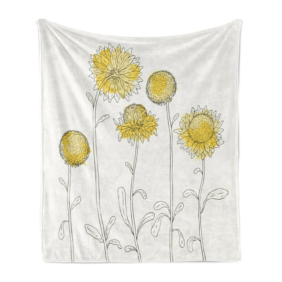 Yellow Flower Soft Flannel Fleece Blanket, Hand Drawn Style Sunflowers on Twigs Petals Growth Botany Summertime, Cozy Plush for Indoor and Outdoor Use, 50" x 70", Pale Yellow Black, by Ambesonne