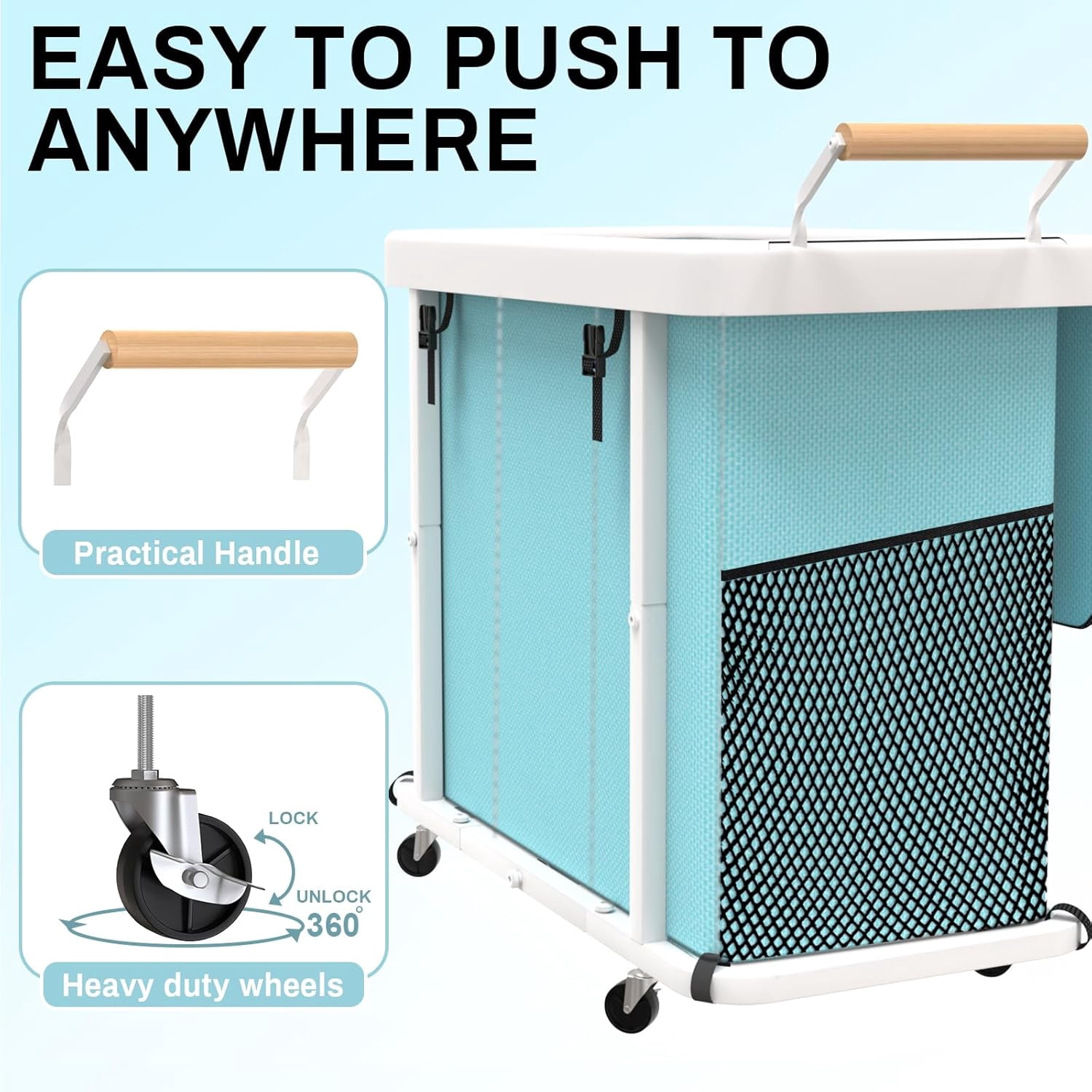 230L (60 Gal) Extra Large Fashion Laundry Sorter 3 Section with Lid, Rolling Laundry Basket Hamper with Handle, Laundry Organizer Storage Cart with Sturdy Metal Frame for Laundry Room,Hotel - Blue