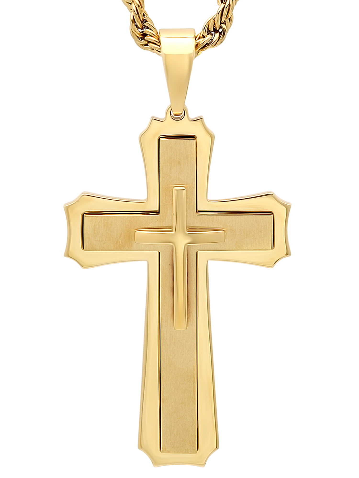 Men's Gold-Tone Stainless Steel Stacked Cross with 24" Rope Chain Mens Pendant by C&C JEWELRY MFG INC