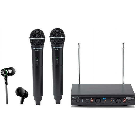 SAMSON Stage 212 Dual VHF Handheld Wireless Microphone System w 2 Q6 Mics Bundle with Mackie CR BUDS Studio Quality Earphones EarBuds Headphones w Mic & Controls