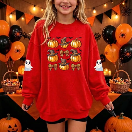Nsxcdh Kids Shirts Halloween Cute Monster and Bow Print Crew Neck Long Sleeve Soft Fleece Loose Fit Sweatshirt for Weekend Family Halloween Night Celebration 1-2 Years Red