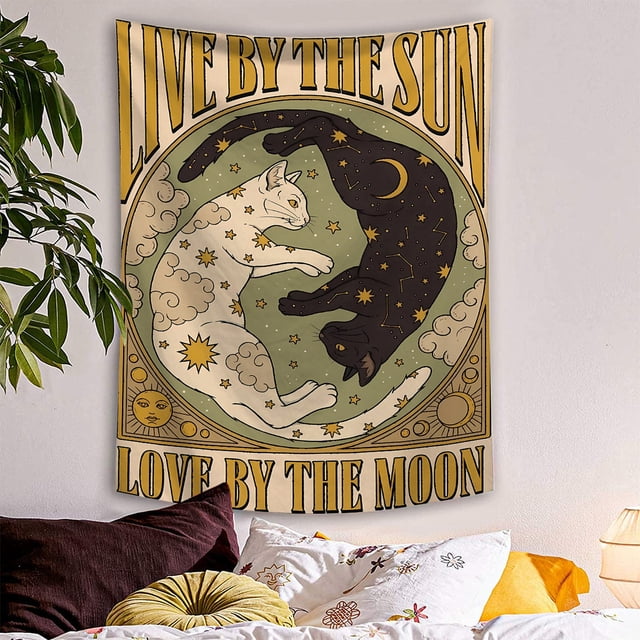Tapiz para colgar en la pared inspirado en el tarot de un gato con forma de sol y luna, 150 x 130 cm