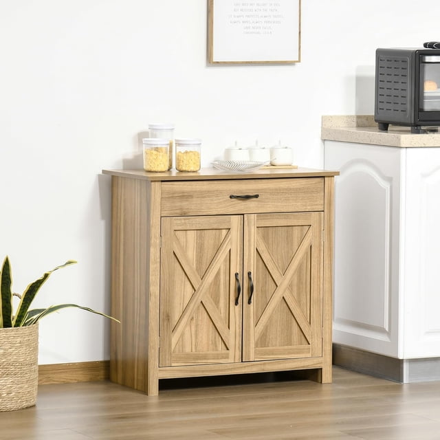 Buffet Bahut avec Rangement, Armoire avec Porte de Grange, Tiroirs et Tablettes Ajustables, Brun Vieilli
