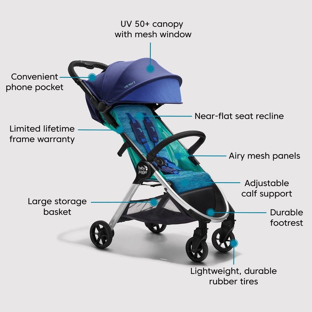 Baby Jogger City Tour Stroller with Travel Accessories Bundle Coastal  Blue