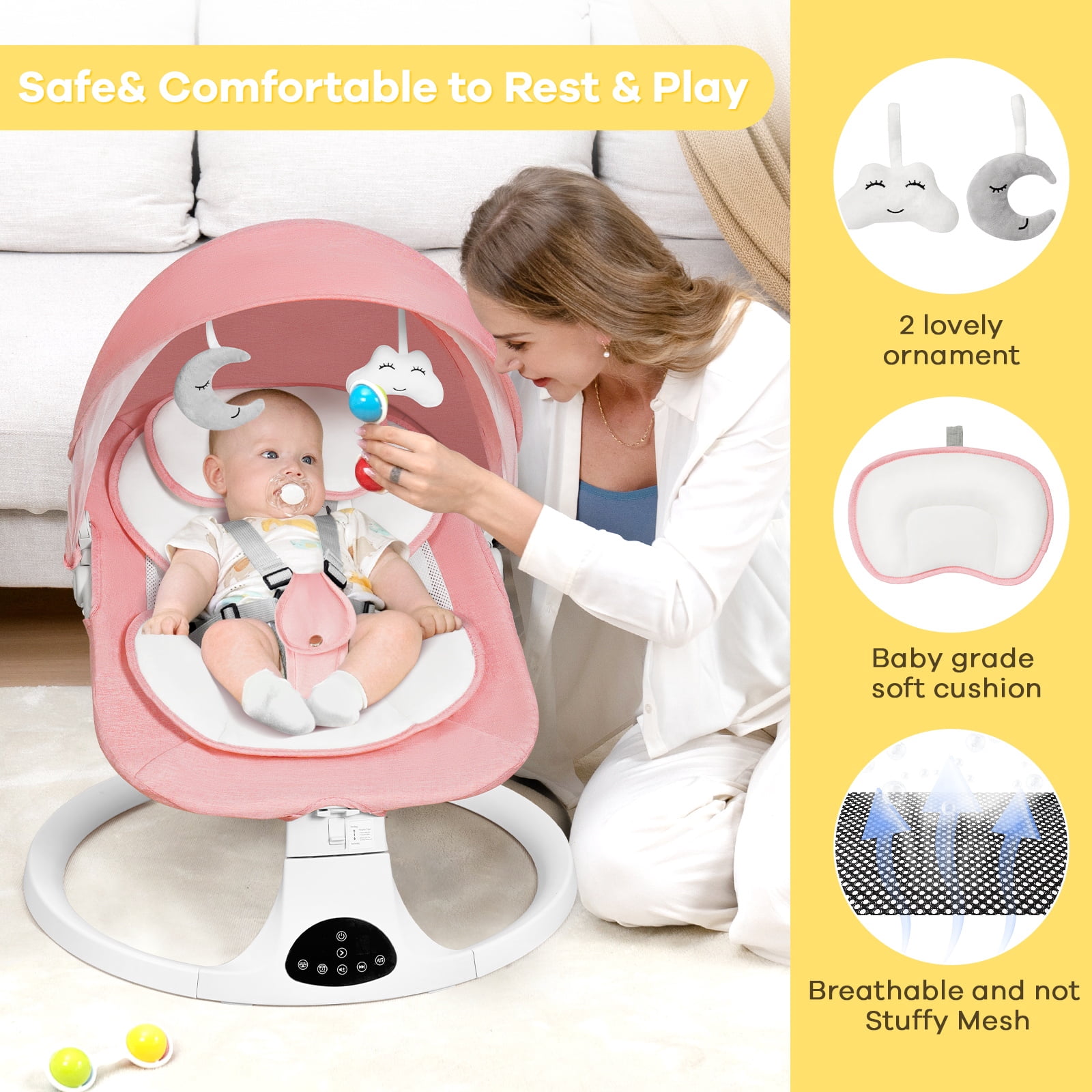 Baby Swing for Infants 0-18 Months, 5 Speed Bluetooth Bouncer with 10 Lullabies, Portable Infant Swing Chair with Detachable Toys & Mosquito Net, Lightweight for Home & Travel, Pink