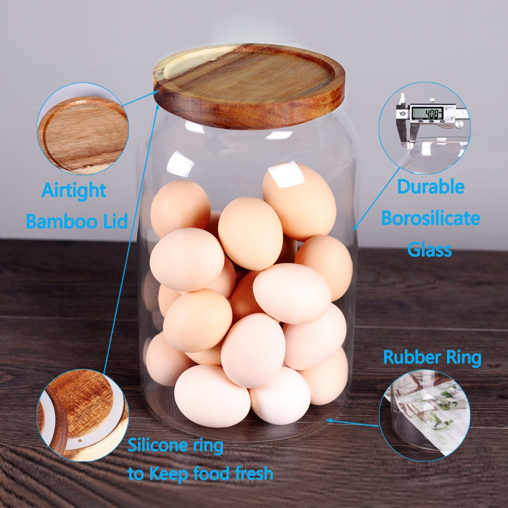 Egg Jars Kitchen  Canister 1 Gallon Clear Large Glass Food Storage Jar with Wooden Airtight Lid  for Spaghetti Pasta, Powder, flour, Tea, Coffee cereals