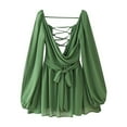 thumbnail image 2 of UTSJKR Sexy Dresses for Women Party Clubwear Long Sleeve Deep V Neck Lace Up Dress Dressy Pleated Flowy Short Mini Dress Green M, 2 of 9