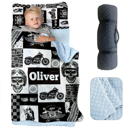 AOLOA Personalized Name Nap Mat for Toddlers Custom Sleeping Bag with Pillow Case & Blanket for Kids Boys Black Motorcycle Design Slumber Bags for Daycare Preschool Kindergarten