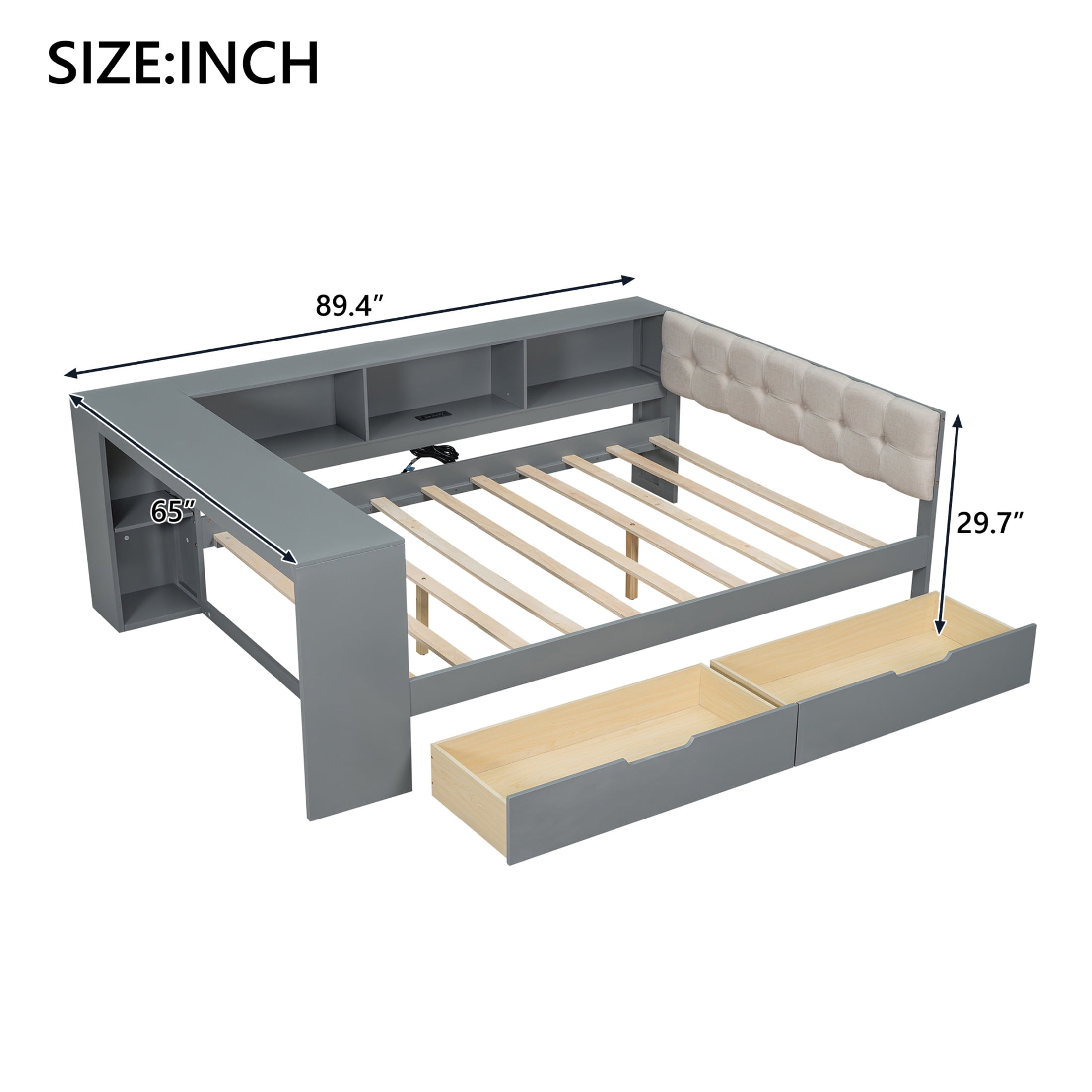 Noble House Udolf Full Platform Bed with Upholstered Headboard, Storage Shelves and Drawers, Charging Station, Gray